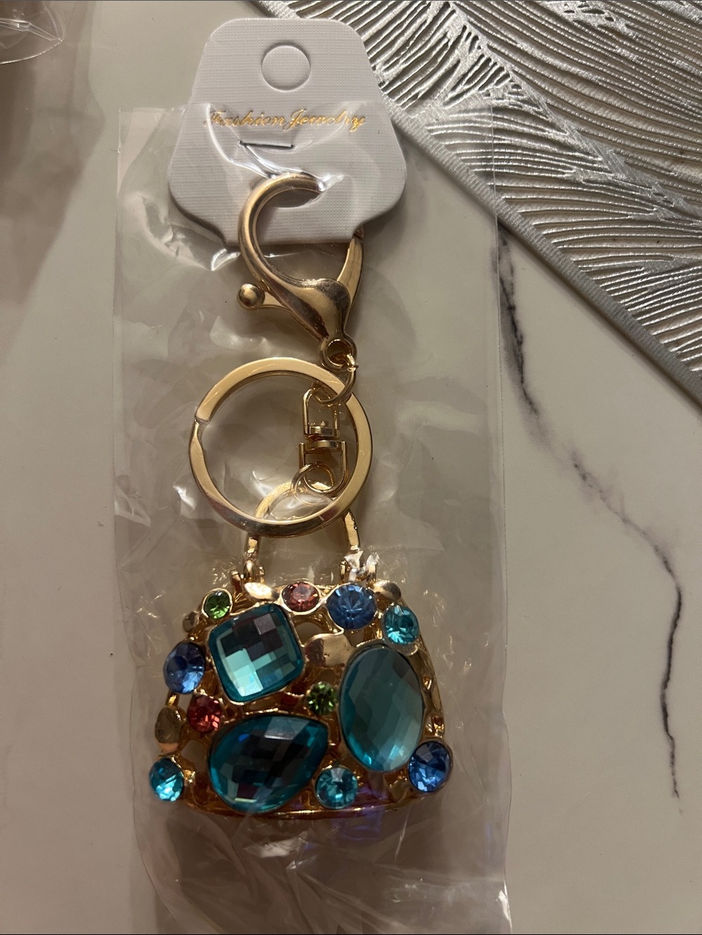 Gold-Tone Purse Bag Charm with Multicolor Gems